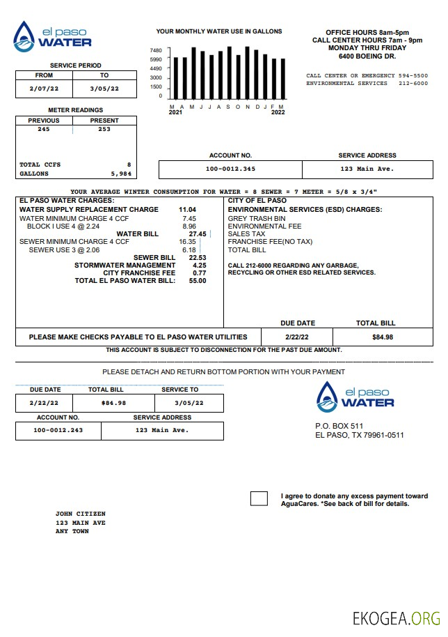 USA Texas El Paso Water utility bill template in Word and PDF format